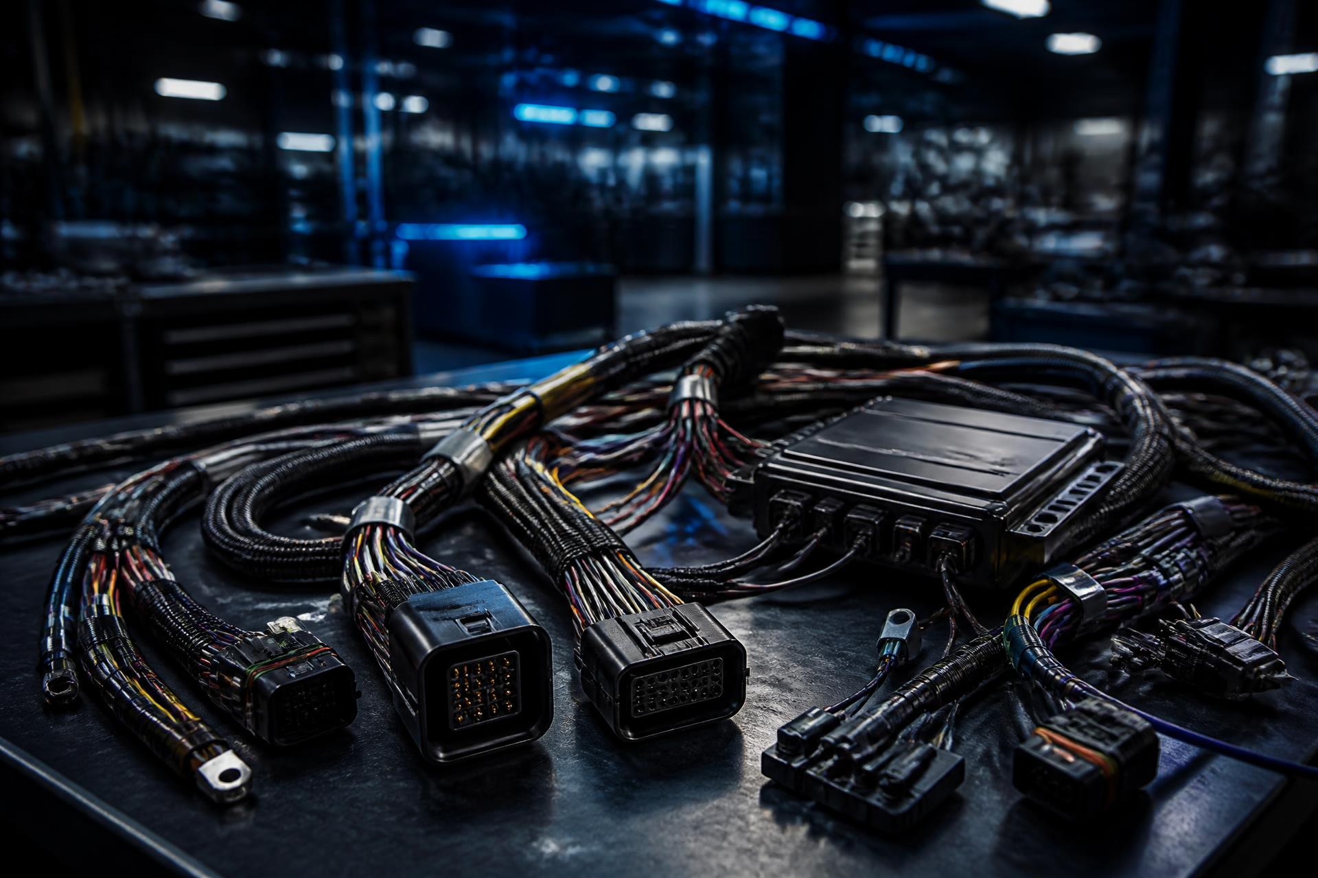 Custom wiring harnesses, connectors, and field-ready robot parts on an industrial workbench